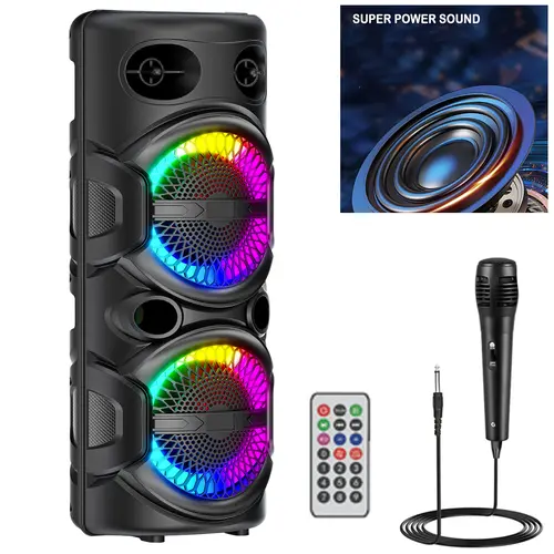 Portable Bluetooth Speaker Dual 8" Party Box Karaoke Speaker With Microphone Remote Control LED Lighting