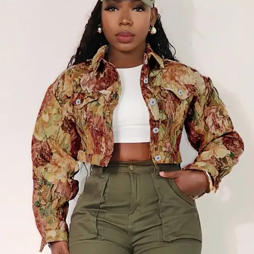 Women's Floral Print Crop Jacket, Casual Long Sleeve Collared Fashionable Outerwear for Fall & Winter, Daily Wear