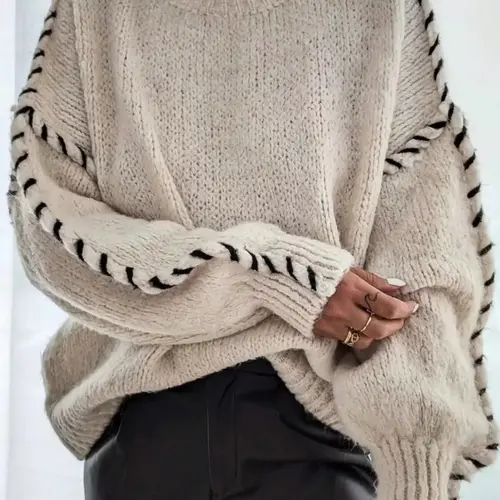 Women's Contrast Binding Drop Shoulder Loose Stretchy Soft Knitting Sweater, Casual Long Sleeve Round Neck Jumper for Fall & Winter, Fashion Ladies' Knitwear for Daily Wear, Womenswear, Tops
