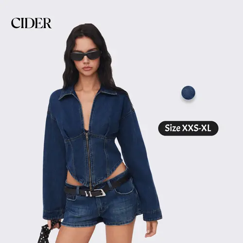 Cider Contrast Denim Collar Solid Corset Zipper Jacket – Women's Sexy Y2K Streetwear Night Out Top, Sleeveless Slim Fit Cropped Jean Vest for Spring/Summer SummerFinds