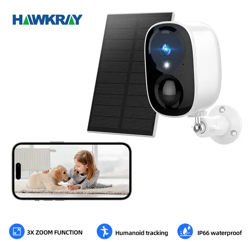 Hawkray Solar Wireless Smart Security Camera - 2K HD 3MP WiFi CCTV, Indoor/Outdoor, White, IR Dual Light, 2-Way Audio, Night Vision, Remote Monitoring, Functionality Security Cameras & Systems