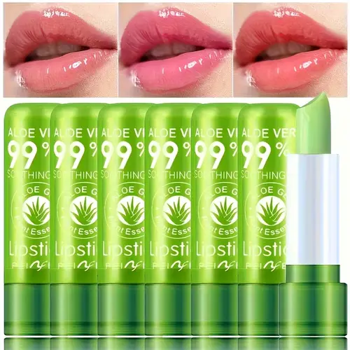 6pcs Aloe Vera Color-Changing Compact Lipstick - Thermostatic Plant Berries Organic Formula, Long-Lasting, Hydrating, Glossy Lip Balm for Lip Care, Makeup Gift, Moisturizer, Hydrate
