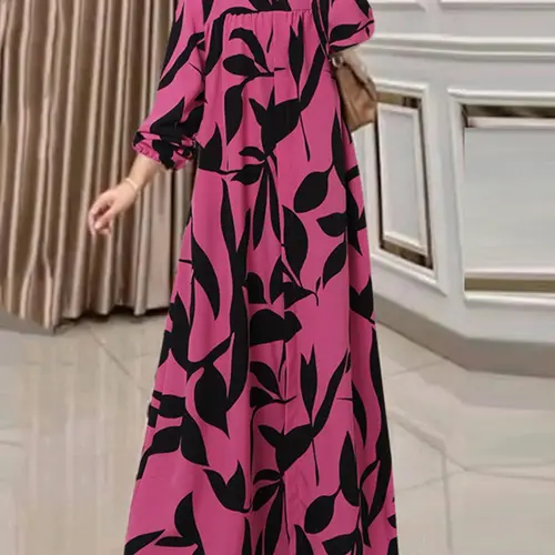 Women's All-Over Print Button Front Boho Casual Kaftan Dress, Casual Bishop Sleeve Round Neck Maxi Dress for Fall & Winter, Women's Islamic Clothing for Daily Wear, Modest Muslim Clothing, Modest Clothes, Modest Style