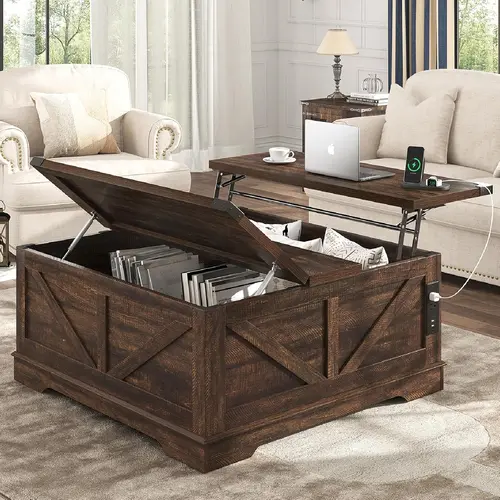 40" Square Farmhouse Lift-Top Coffee Table - 1.2" Thick Top, 2 USB + Type-C Charging Ports, Hidden Storage, Multi-Functional Wood Indoor Furniture for Living Room Decor & Centerpiece, 40" Square Space Fit
