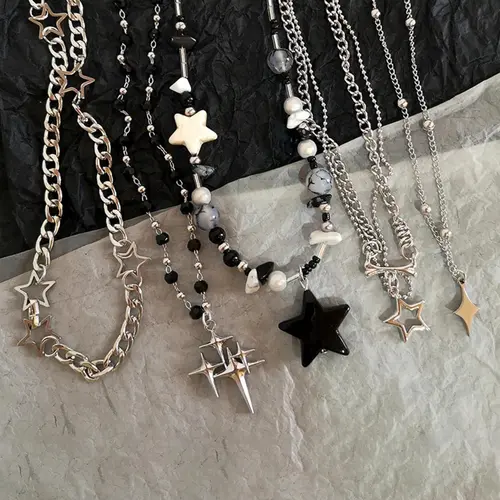 Vintage Star Design Pendant Necklace, Punk Style Beaded Necklace for Party, Daily Decor, Trendy All-match & Exquisite Jewelry for Birthday Gift, Star Shine Necklace, Celestial Necklace, Necklace Set, Bead Necklaces