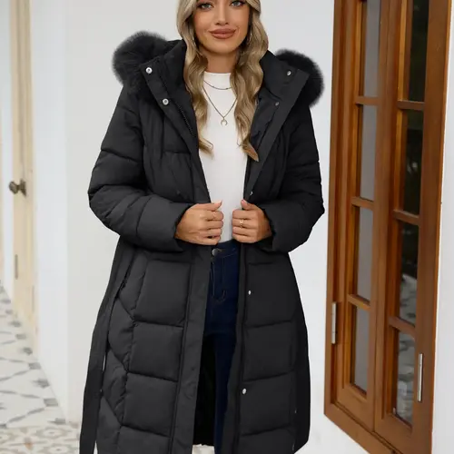 Women's Fall Winter Casual Basic Fitted Warm Hooded Coat Jackets Casual Fashionable Outerwear Womenswear with Belt, Button, Long Sleeve Thick Woven Fabric Outerwear for Daily Wear Casual Outerwears