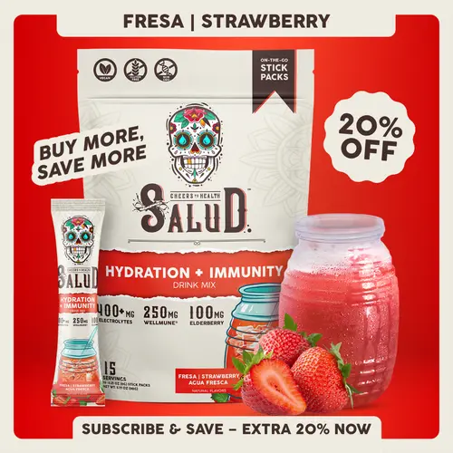Salud 2-in-1 [Hydration + Immunity - Fresa | Strawberry ] Electrolytes Powder, Agua Fresca Drink Mix, Elderberry, Dairy & Soy Free, Non-GMO, Gluten Free, Vegan, Low Calorie, 1g Sugar (15 Servings)