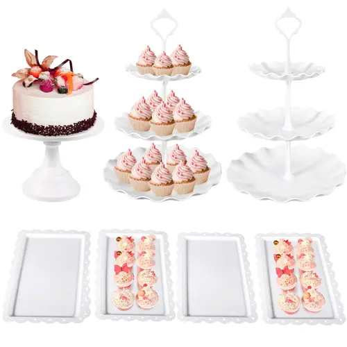 Summer Wins Versatile Multi-Tier Cupcake Stand Set Dessert Display Set 7Pcs Dessert Table Stand Set 2Pcs 3-Tier Plastic Cake Stands 1Pc Display Tower for Party Serving Tray and 4Pcs Dessert Tray for Wedding