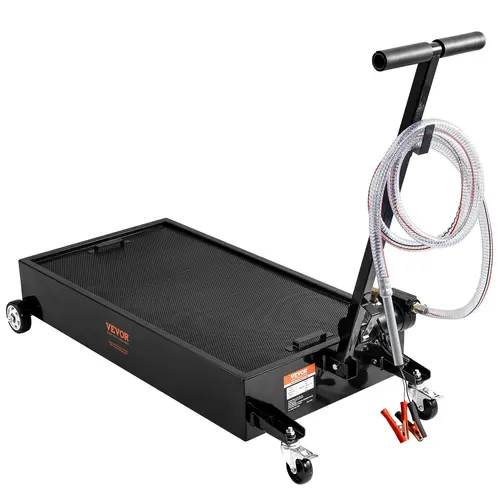 【Summerfinds】VEVOR 20 Gal Low Profile Carbon Steel Oil Drain Pan with 180W Electric Pump, 8.2ft Hose, Folding Handle & Trolley, Splash-Block Mesh, High Flow Rate for Fast Oil Pumping, Rolling Cart for Trucks,Buses, Folding Trolley