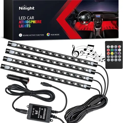 Nilight 4PCS 48 LED 12V DC Multicolor Music Strip Light Kit - Under Dash Interior Decor Lights with Sound Active Function, Wireless Remote, Sequential Turn Signal (Car Lighting, Car Decorating for Vehicles)