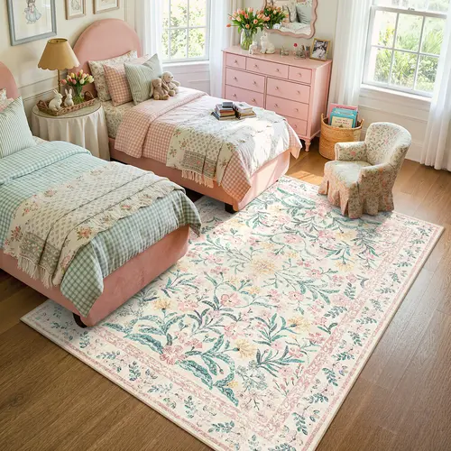 Lahome Boho Floral Area Rug – Washable, Non-Slip, Soft Thin Carpet for Living Room, Bedroom, Nursery and Kids Playroom