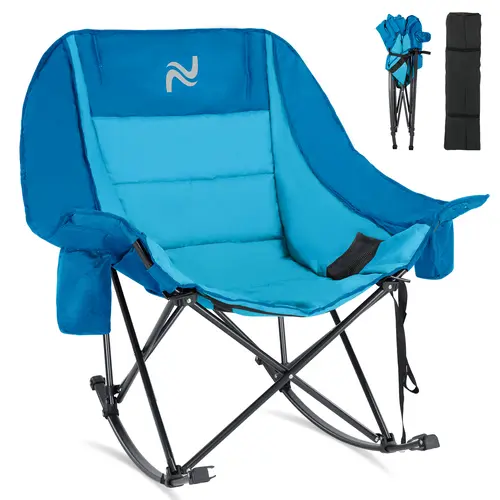 SLSY XXL Oversized Rocking Camping Chair for Adults, Fully Padded Folding Outdoor Lawn Chair with Cooler Bag & Side Pocket, Supports 400 lbs Portable Recliner