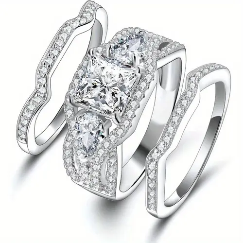 GEMSME Elegant 2ct Total Princess Cut-Pear Cut 3-Stone 3-In-1 Square Stackable Cubic Zirconia Rings for Women, Wedding Engagement Promise Eternity Gift Set (Sizes 5-10, R-1006-W)