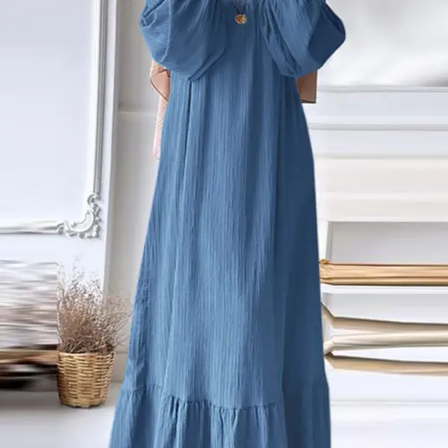 Women's Solid Textured Belted Ruffle Hem Arabian Dress, Casual Bishop Sleeve Round Neck Flowy Long Dress for Fall & Winter, Muslim Clothing for Daily Wear, Casual Kaftan Dress, Modest Clothes