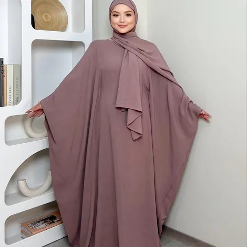 Women's Solid Color Zipper Front Batwing Sleeve Abaya with Hijab Two-Piece Set, Women's Islamic Clothing for All Seasons, Muslim Set, Islamic Modesty Clothes