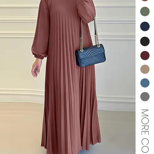 Women's Solid Color Bishop Sleeve Kaftan Dress, Modest Style Long Sleeve Keyhole Neckline Dress for Party Holiday Wedding Guest, Fall & Winter Clothes, Modestfashion, Long Sleeve Dresses, Modest Islamic Clothing