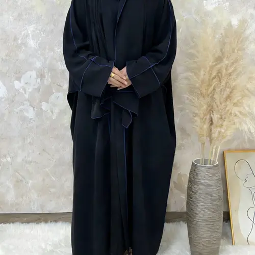 Arabic Clothing-Solid Contrast Belted Abaya With Hijab, Modest Batwing Sleeve Open Front Abaya, Women's Islamic Clothing for Spring & Fall, Modest Muslim Outfits, Islamic Modesty Clothes, Abaya Hijab Set Modesty