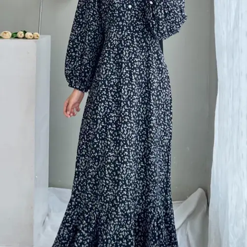 Women's Ditsy Floral Print Button Front Bishop Sleeve Ruffle Hem Flowy Long Dress, Casual Islamic Modest Style Clothing Modesty Wear Muslim Dress for Daily Wear Long Sleeve Dresses