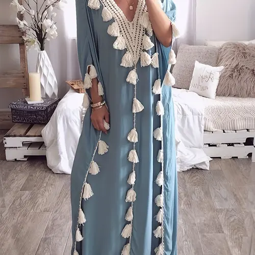 Women's Patchwork Fringe Trim Batwing Sleeve Arabian Muslim Kaftan Style Dress, Elegant V-Neck Half-Sleeve Long Robe for Daily Wear, Islamic Clothing for All Seasons