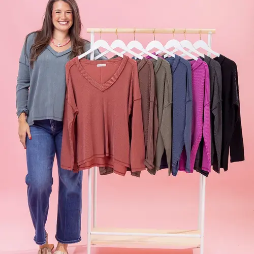 Zenana Raised Rib Long Sleeve Hi Low V-Neck Top | S/M-L/XL