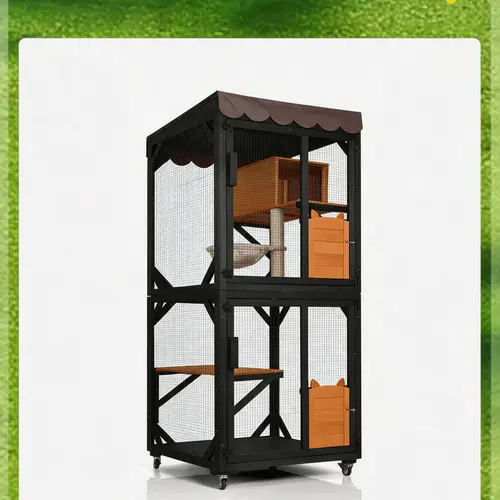 Aivituvin-AIR7014 Wooden Cat Catio with Wheels| Scratching Post|Roof Tarp,Cat House,Outdoor Cat Enclosure,Cat Furniture Portable Enclosed,Cattree,Cat hammock,Outdoor Cat Tower, 4 Wheels Roll Indoors
