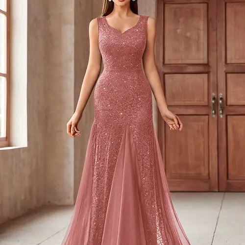 Miusol Women's Formal Sequin Lace Dress - Sleeveless, V-Neck, Tulle Mermaid Maxi, Chic, Sparkly, Zipper-Closure, Party Wear, Dress for Wedding Guest