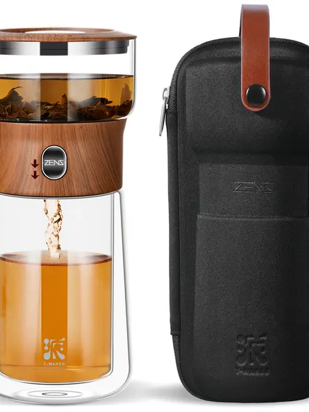 ZENS Modern Borosilicate Glass Teapot with One-Touch Infuser for Loose Leaf Tea Double  Wall Mug Portable Loose Leaf Tea Brewer for Office Travel Ideal Gift for Tea Lovers - Wooden