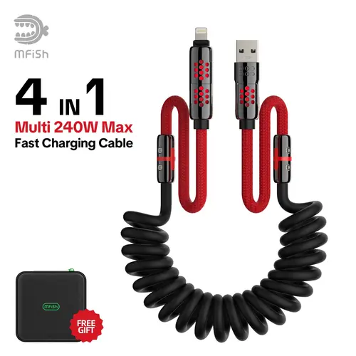 mfish Armored Dragon AD8 Durable 4-in-1 Portable Coiled Type C Lightning USB-C Cable - 240W Max Fast Charging & Data Sync, Mobile Phone Accessories for iPhone, iPad, Samsung Smartphone & Electronic Devices, Charger, Cellphone