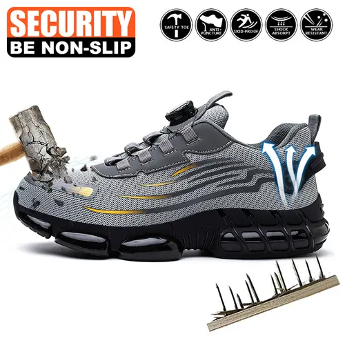 QINGRUIPAI Men's Steel Toe Work Safety Footwear - Breathable Mesh Shoes, Slip-Resistant EVA Sole, Durable Elastic Closure, Striped Design, All-Season Fit, Injury Prevention, Fathersday Gift
