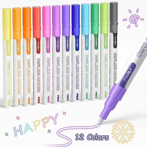 [JusArt] 12-Color Outline Markers, Double Line Glitter Markers with Waterproof Ink & 3 Different Writing Effects, Office Stationery for Kids DIY Card Crafts & Birthday Parties, Gift for Parents (Suitable for 80gsm Paper)