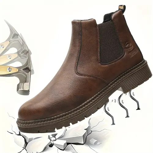 QINGRUIPAI Men's Round Toe Leather Upper Slip-On Steel Toe Safety Work Shoes - All Seasons Multi-Protection Footwear (Splash, Smash, Puncture Resistant), Breathable, Lightweight, Non-Slip Walking Shoes, Brown summervibes, Closed, Steel Toe Trainers,summer