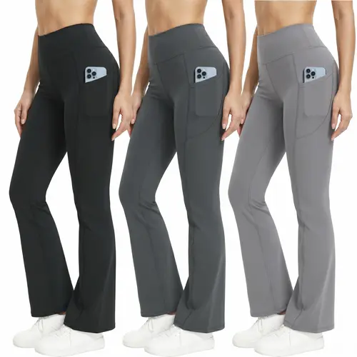 3PCS Women's Slim High Waist Pocket Flare Leg Pants Leggings, Groove Outfits, Casual Comfy High Stretch Seamless Bell Bottom Yoga Workout Gym Sports Trousers Activewear