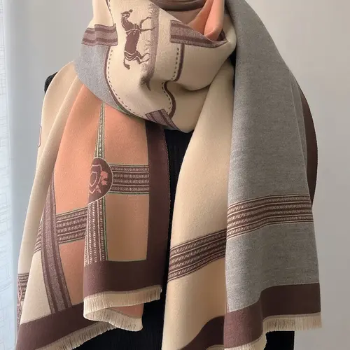Boho-Style Horse-Pattern Scarf with Fringe-Trim, Textured Blanket Scarf, Casual Soft Warm Shawl for Fall and Winter, Boho Shawl Wrap, Fashion Accessory for Women & Girls