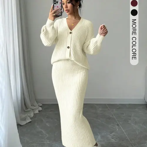 Women's Solid Basic Button-Front Cardigan Sweater & Long Skirt Two-piece Set, Casual Drop-Shoulder Long Sleeve Fitted Knit Top & High Waist Skirt for Daily Outdoor Wear, Women's Knitwear for Fall & Winter, Outfit, Womenswear, Skirts Sets