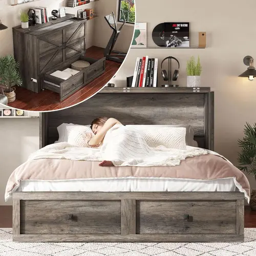 【Ships in 2 Boxes】AMERLIFE Murphy Bed with Storage & Charging Station, Farmhouse Murphy Cabinet with Foldable Panel, Noisy Free, for Guest Bedroom, Living Room, Office #homemakeover