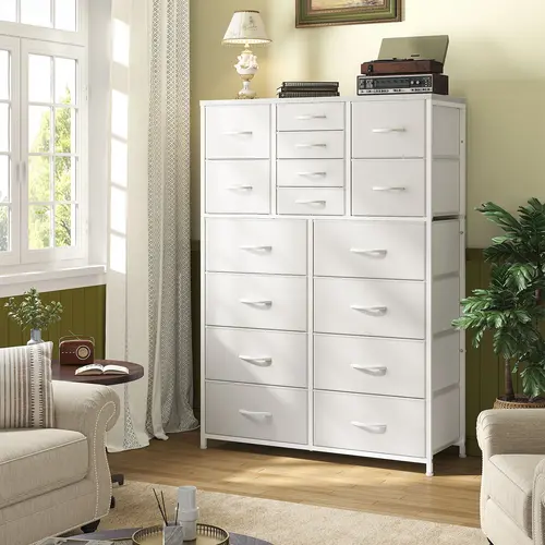 RaybeeFurniture 16-Drawer Tall Fabric Dresser, Large Capacity Storage Dresser Organizer&Chest of Drawers with Durable Metal Frame and Wooden Top, Space-Saving Storage Tower for Closet, Bedroom, Living Room & Entryway; Ideal for Apartments and Small Spaces