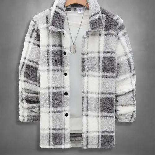 Men's Plaid Print Button Front Fuzzy Lounge Button Up Jacket, Casual Long Sleeve Collared Outerwear for Fall & Winter, Men's Sleepwear for Daily Wear, Casual Style Outerwear, Casual Fitted Jacket, Casual Jacket Coat