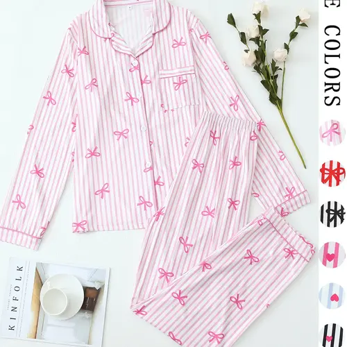Chic Loungewear Set for Women，Women's Comfortable Cute Elastic Striped Bow Lapel Shirt and Pants Two-Piece Sleepwear Set, Long Sleeve, Casual Spring & Fall，Cozy Home Wear for WFH & Lazy Days，Gift for Her