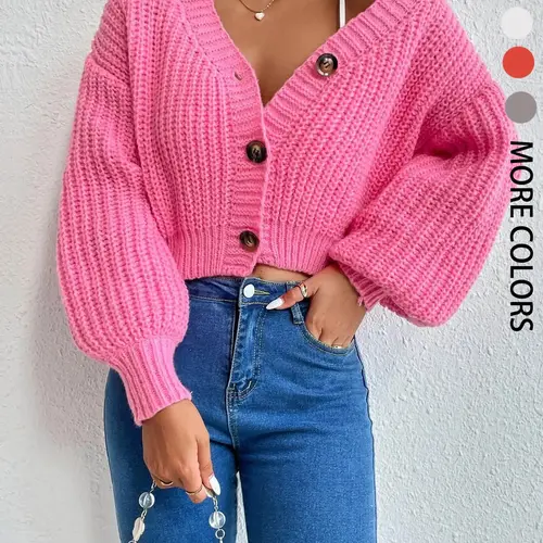 Women's Plain Bishop Sleeve Button Front Cardigan, Casual Long Sleeve V Neck Casual Elegant Knitwear for Fall & Winter, Fashion Women's Knit Clothing for Daily Wear, Casual Classy Top