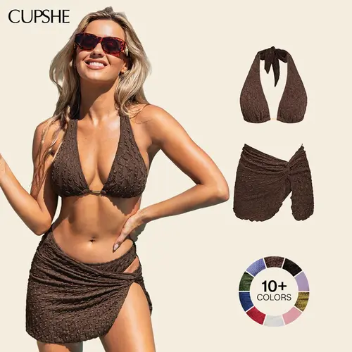 Cupshe Women's 3-Piece Textured Bikini Set with Sarong Skirt, Plunging Halter Top and High Cut Cheeky Bottoms, Trending Beachwear #summerfinds