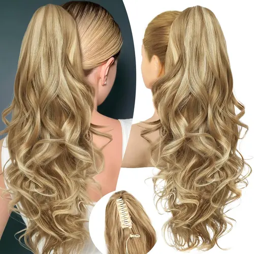 Ponytail Extension, 24" Claw Clip in Ponytail Extensions Long Curly Wavy Ponytail Hair Extension Jaw Clip on Pony Tails Hairpiece for Women - Medium Blonde with Blonde Highlights