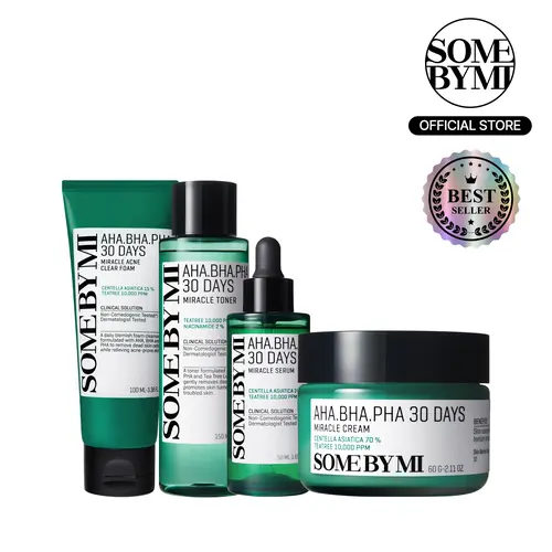 AHA-BHA-PHA Set - Korean Skincare - Acne Cleansing Foam, Toner, Serum & Cream 4-Step Routine for Daily Soothing, Pore Minimizing & Clarifying Care