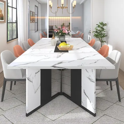 94In/78In/71In Large Rectangular Brown Dining Table for 4 5 6 7 8 People w/35 Marble-Color Wood Watrproof Tabletop,Adjustable Leg.6ft Luxurious Family Dinner Table for Office Kitchen Living Room (not included Chair)