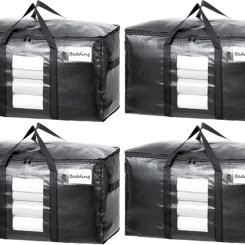 TAILI Extra Large Heavy-Duty Moving Bags (4 Pack Black) - Eco-Friendly Modern Multi-Purpose Space Saving Organizer Totes with Visible Window, Wrap-Around Handles, Lid, Zipper, Alternative to Moving Boxes