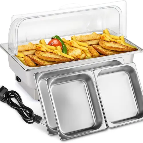 ROVSUN 9 QT NSF Food-Grade Steel Electric Chafing Dish Buffet Set, Kitchen Supplies with Power Cord, Anti-Slip Foot, Roll Top Lid, Full-Size & 2 Detachable Pans, Transparent PC Lid for Banquet, Food Service