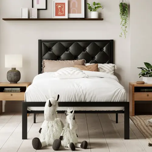 MUTICOR Metal Twin/Full/Queen/King Platform Bed Frame,Fabric Upholstered/Faux Leather Button Tufted Headboard【Frame Only No Mattress】17 Strong Slats Support, No Box Spring Needed,#TikTokShopDealsforYouDays#DealsforYouDays#Summervibes#Summergarden