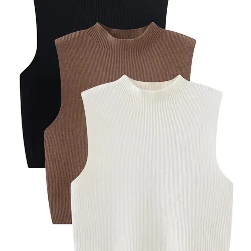 Women's Solid Round Neck Sweater Vest, Casual Sleeveless Crew Neck Jumper Vest for Spring & Fall, Fashion Women's Knitwear for Daily Wear, Knit Crop Top, Knit Clothes