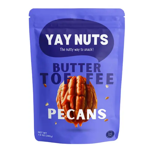 Yay Nuts Butter Toffee Pecans - 12 oz, Butter Toffee Coated Pecans Nuts, Delicious and Sweet Nut Snacks Crunchy, Cashew Nut Snack Packs for School