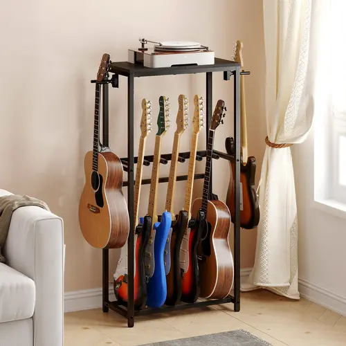 MAHANCRIS Floor Adjustable Guitar Stand - Acoustic, Electric Guitar, Bass, Ukulele Holder with Ample Space for Accessories, Ideal for Music Rooms, Studios, Home Indoor Furniture Rack (Black)