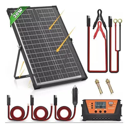 Trickle Charger Battery 30W Dual-Sided Solar Panel Kit Controller, RV Maintenance Unit, IP65 Waterproof Rating, Wind and Snow Resistant, 10A PWM Charge Controller with 23.6-Foot Cable
